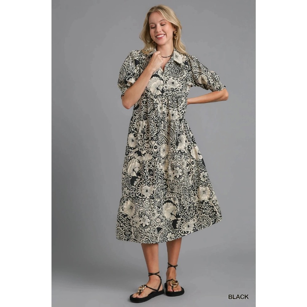 Umgee‎ Black Vintage Garden Shirt Dress Tiered Midi Length w/ Puff Sleeves sz S